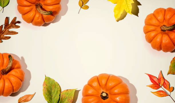 istock Autumn pumpkins with colorful leaves overhead view 1282759931