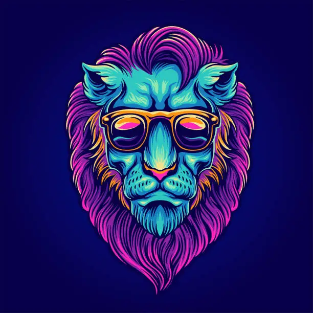 Vector illustration of Head Lion portrait with sunglasses Psychedelic for your work merchandise clothing line, stickers and poster, greeting cards advertising business company or brands