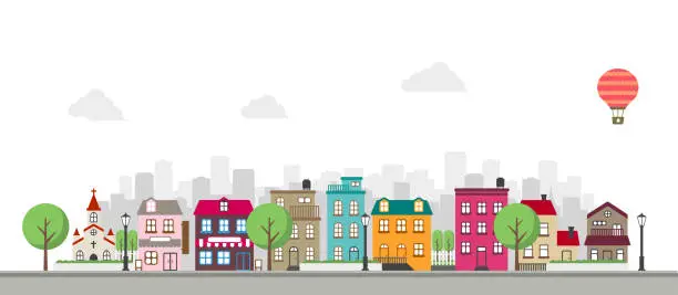 Vector illustration of Modern colorful city / town street flat vector illustration (no person)