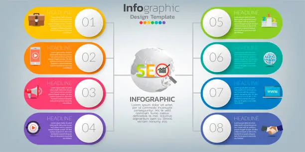 Vector illustration of Infographics for SEO concept with icons and steps.
