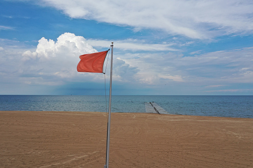 Red flag flying over North Avenue Beach in Chicago, Illinois