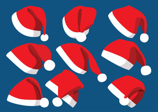 kapelusz santa christmas zestaw dekoracji i wzór izolowane na niebieskim tle ilustracji wektora - santa hat stock illustrations