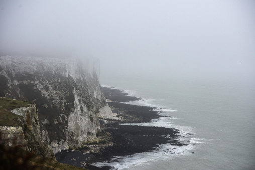 Foggy view of white cliffs of Cover, England