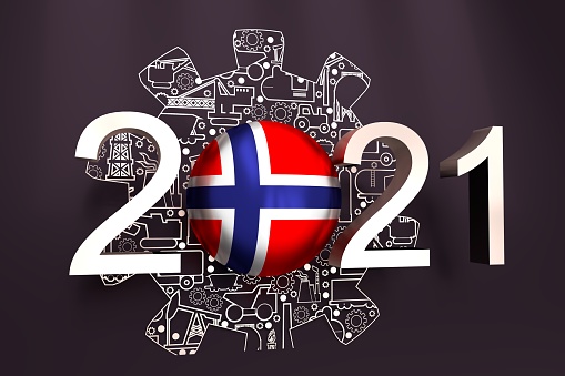 Concept of industry. Energy generation and heavy industry. Gear shape with industrial thin line icons.. Flag of Norway. 2021 year number. 3D rendering