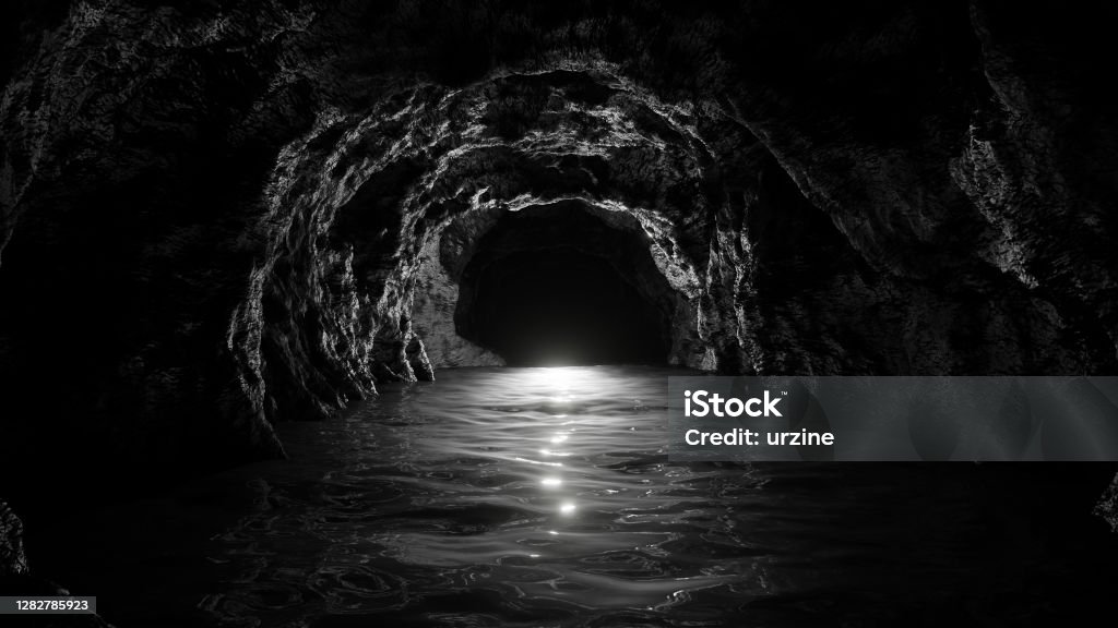 Inside Underground Stone Cave 3D illustration Background for advertising and wallpaper in scary and horror scene. 3D rendering in decorative concept. Cave Stock Photo