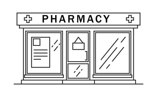 Pharmacy building line medicine concept. Architectural form can be used for website design, infographics and as an icon. Vector illustration Pharmacy building line medicine concept. Architectural form can be used for website design, infographics and as an icon. Vector illustration isolated on white background. pharmacy store stock illustrations