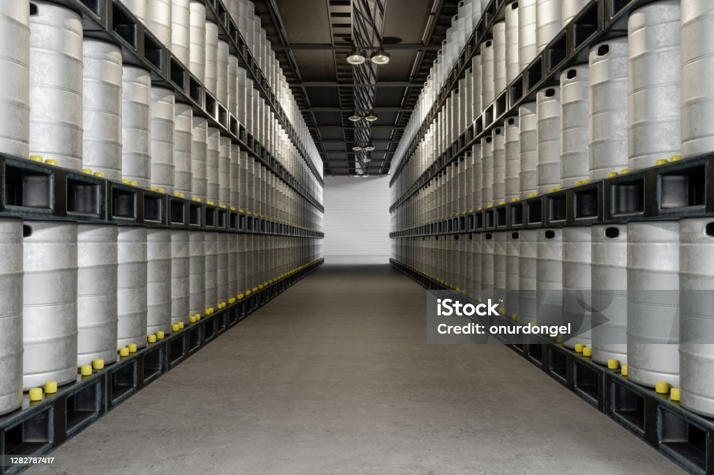 Rows Of Beer Kegs In The Warehouse Cold Storage Stock Photo