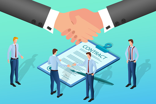 Businessmen sign a contract.Handshake.Two businessmen shake hands when signing a contract.The concept of contractual transactions and partnerships.Isometric vector illustration.