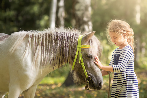 Little blond girl icaressing the little horse pony and hugging it in summer forest