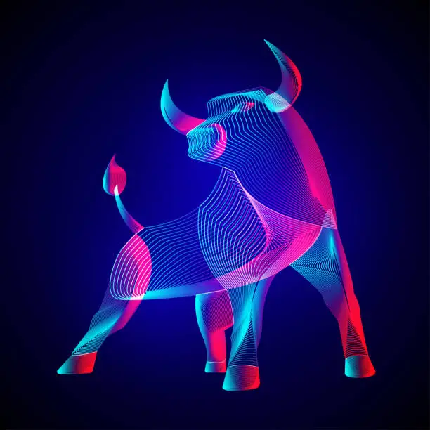 Vector illustration of Angry Bull. Stylized silhouette of standing horned ox - symbol of the year in the Chinese zodiac calendar. Outline vector illustration of wild animal in 3d line art style on neon abstract background