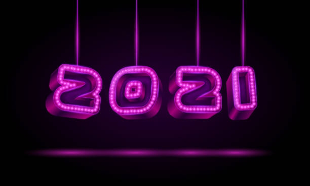 istock 2021 text design with neon retro light bulbs. Happy New Year 3D Violet text is suspended on threads. Neon style vector illustration. 1282790455