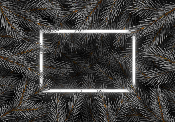 istock Christmas tree branches. Festive Xmas border of green branch of pine. Pattern pine branches, spruce branch. Glowing neon frame, space for text. Realistic design decoration element. Vector illustration 1282791222