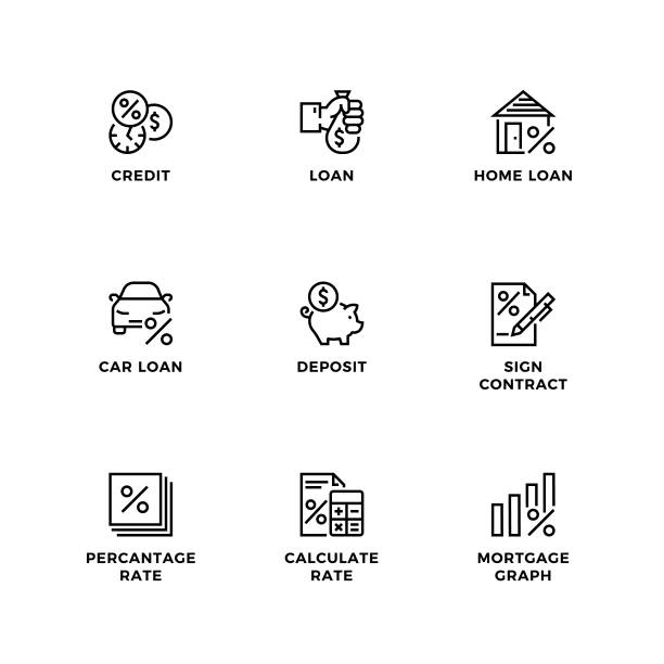 Vector set of design elements, logo design template, icons and badges for credit and loan. Vector set of design elements, logo design template, icons and badges for credit and loan. Line icon set, editable stroke. car finance stock illustrations