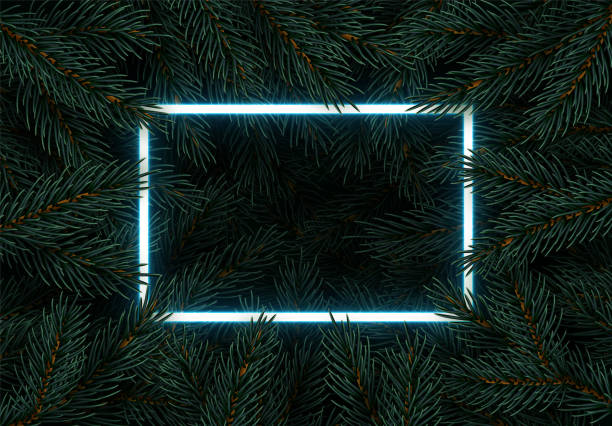 istock Christmas tree branches. Festive Xmas border of green branch of pine. Pattern pine branches, spruce branch. Glowing neon frame, space for text. Realistic design decoration element. Vector illustration 1282792388