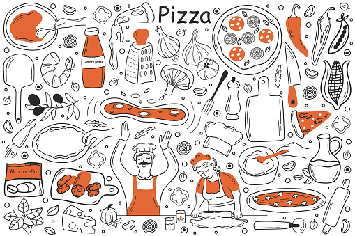 Pizza doodle set. Collection of hand drawn sketches templates patterns of man cooker chef holding pepperoni in kitchen. Cooking italian cuisine for lunch and unhealthy fasfood nutrition illustration.