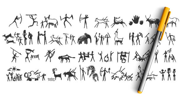 Stone age doodle set Stone age doodle set. Collection of pencil pen ink hand drawn sketches templates patterns of prehistoric men women hunting cooking and gathering. Cavemen rock painting illustration paleo stock illustrations