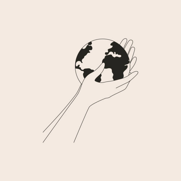 人間の腕は、注意と愛を持つ小さな地球を保持しています。強い女性の手は惑星を支える。地球の日と保存惑星のベクトル黒と白のイラスト。 - globe human hand holding concepts点のイラスト素材／クリップアート素材／マンガ素材／アイコン素材