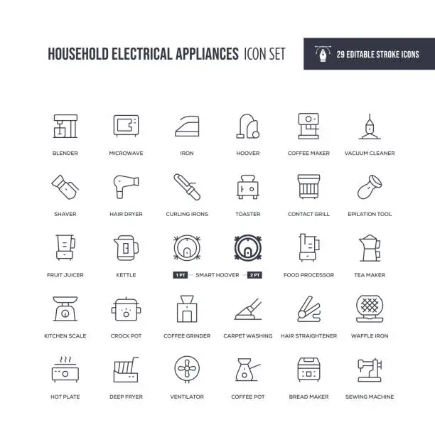 Vector illustration of Household Electrical Appliances Editable Stroke Line Icons