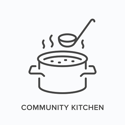 Canteen flat line icon. Vector outline illustration of community kitchen, food charity. Soup in saucepan with steam and ladle thin linear logo.