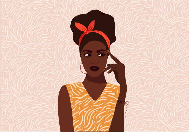Black girl thinks. Beautiful face, question mark Black girl thinks. Beautiful face, doubts, problems, thoughts, emotions. A curious woman questioning, question mark. protests concept. Vector illustration woman thinking stock illustrations
