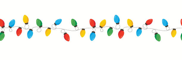 Vector Colorful Retro Holiday Christmas New Year Intertwined String Lights Isolated Horizontal Seamles Border Background Illustration Download Image Now - iStock