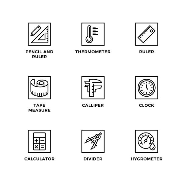 설계 요소, 로고 디자인 템플릿, 아이콘 및 측정을 위한 배지의 벡터 집합입니다. - thermometer hygrometer work tool accuracy stock illustrations