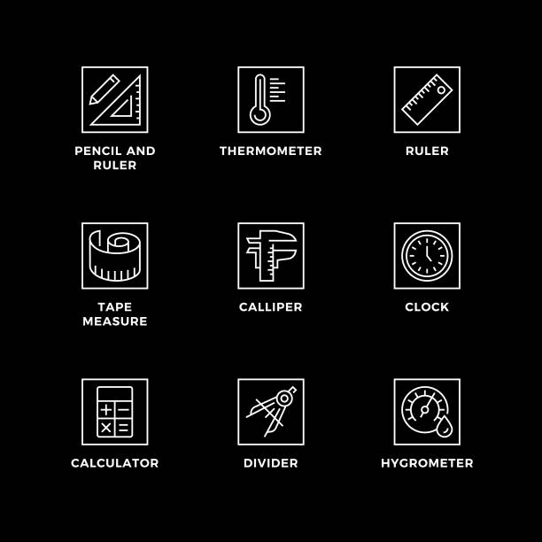 설계 요소, 로고 디자인 템플릿, 아이콘 및 측정을 위한 배지의 벡터 집합입니다. - thermometer hygrometer work tool accuracy stock illustrations