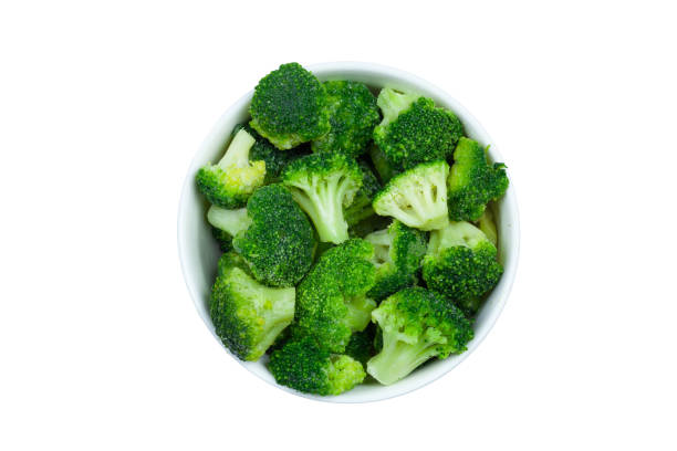 istock Frozen broccoli florets in a bowl isolated on white background, top view 1282802063