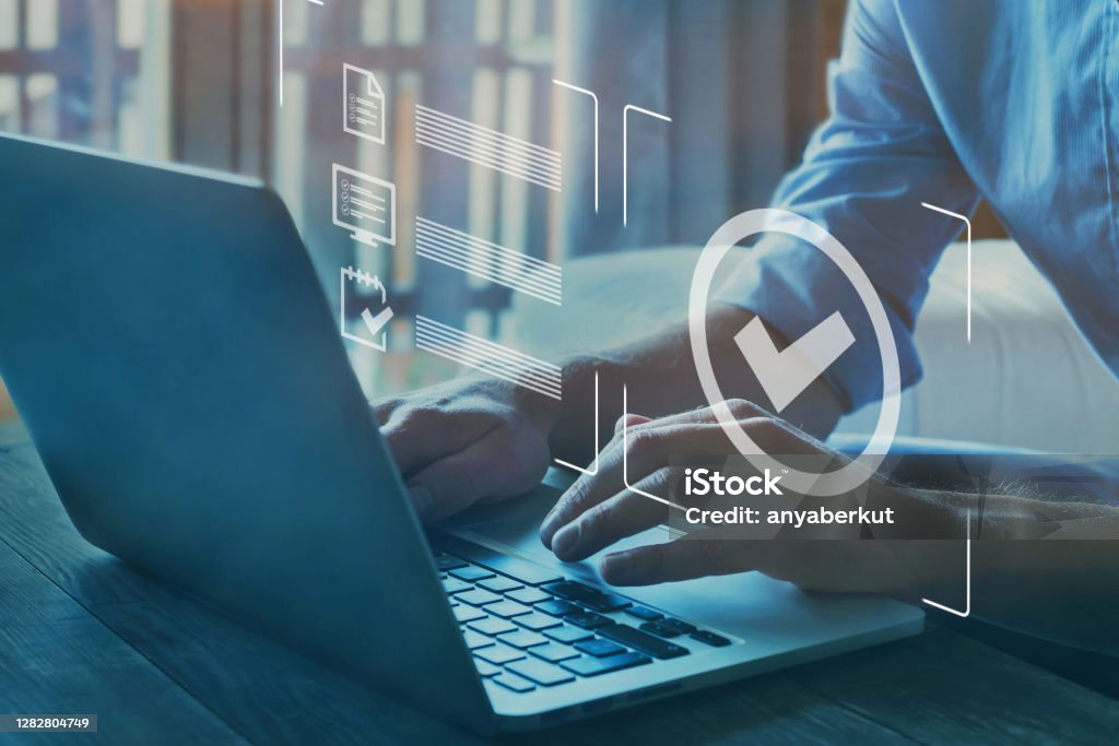 Quality control certification, checked guarantee of standard Quality control certification, checked guarantee of standard of company product. Concept on virtual screen. Technology Stock Photo