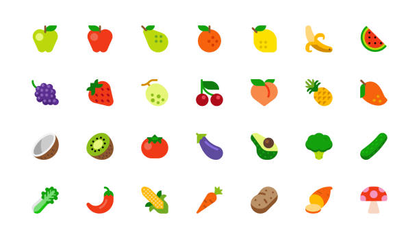 illustrazioni stock, clip art, cartoni animati e icone di tendenza di set di frutta e verdura. cibi vegetariani. fresh organic food icone piatte, emoji, simboli, collezione adesivi - frutta immagine
