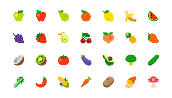 Set of Fruits and Vegetables. Vegetarian Foods. Fresh Organic Food Flat Icons, Emojis, Symbols, Stickers Collection