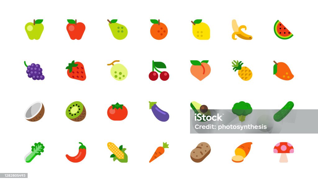 Set of Fruits and Vegetables. Vegetarian Foods. Fresh Organic Food Flat Icons, Emojis, Symbols, Stickers Collection Fruit stock vector