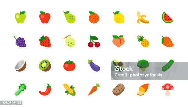 Set Of Fruits And Vegetables Vegetarian Foods Fresh Organic Food Flat Icons Emojis Symbols Stickers Collection Stock Illustration - Download Image Now