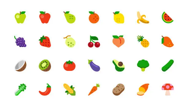 Vector illustration of Set of Fruits and Vegetables. Vegetarian Foods. Fresh Organic Food Flat Icons, Emojis, Symbols, Stickers Collection