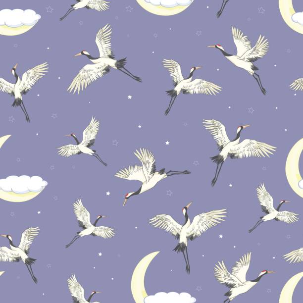 ilustrações de stock, clip art, desenhos animados e ícones de vector seamless pattern with oriental motifes. cranes flying. flower blossom. - traditional culture heron bird animal