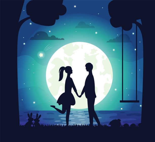 istock Romantic Atmosphere, Couple Moon and Lake at Nigh 1282807097