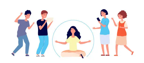 Vector illustration of Unsocial people. Young isolation person, social separation from group. Comfort in solitude, introvert woman inside bubble vector concept