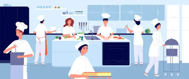 Vector illustration of Professional cooking kitchen. Restaurant cook, commercial food industry. Flat chef and waiter. Cafe cooking, hospitality vector illustration