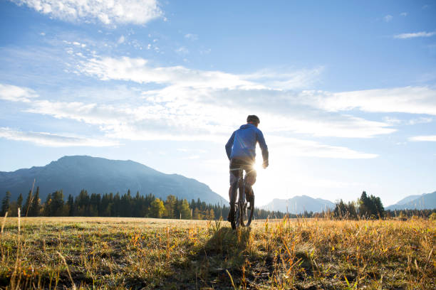 istock Mountain biker rides through grassy meadow at sunrise 1282810849