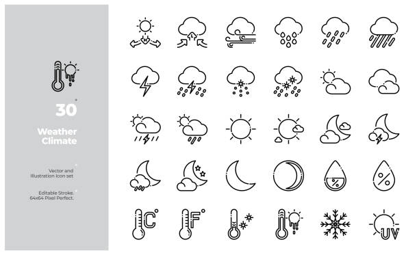 Vector Line Icons Set of Weather and Climate. Editable Stroke. Vector Icon and Illustration Design. All Icon design based on 64x64. Design for Website, Mobile App and Printable Material. Easy to Edit & Customize. sunset dew stock illustrations