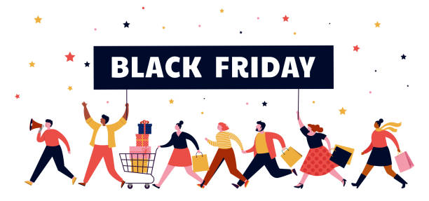 Black friday, mega sale banner, scene with a crowd, women and men running with shopping bags. Sale concept design Black friday, mega sale banner, scene with a crowd, women and men running with shopping bags. Sale concept design. Vector illustration black friday shopping event illustrations stock illustrations