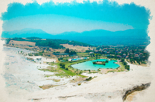 Watercolor drawing of Natural white travertine pools and terraces, turquoise lake and town further in Pamukkale (Cotton castle), Turkey