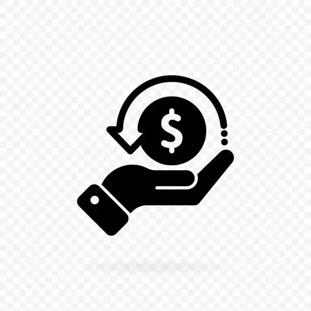 Vector illustration of Cashback icon, logo. Hand hold coin. Money, dollar coin icon in black. Finance sign. Business icon. Money sign. Invest finance. Vector EPS 10