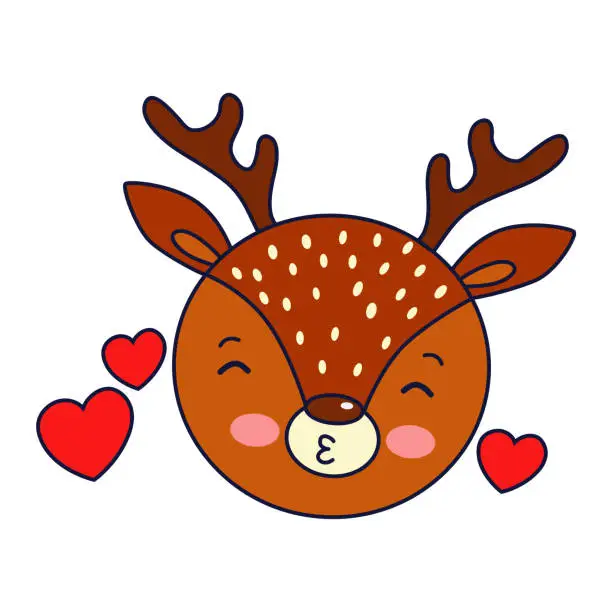 Vector illustration of Cute face of Christmas deer sends a kiss. Merry Christmas card background.