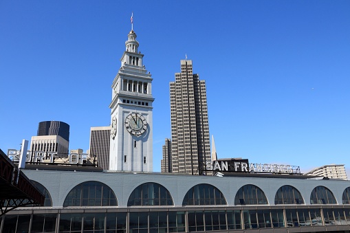 Port of San Francisco skyline - landmark clock tower in California.
