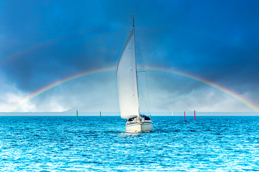 Sailboat on the Baltic Sea with Rainbow