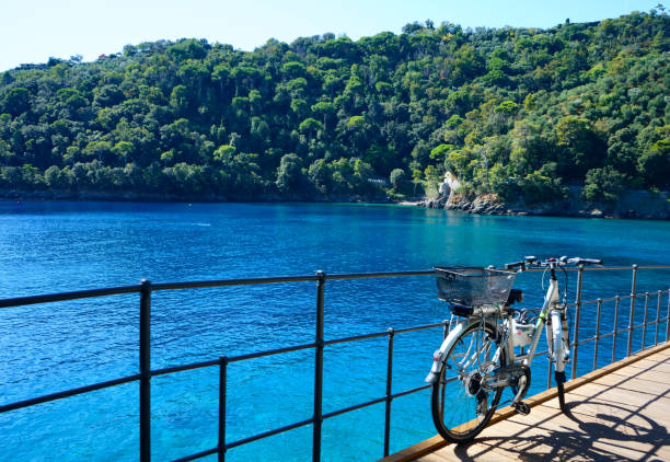 Bicycle on a  turquoise bay, near Portofino. Liguria, Italy Bicycle on a  turquoise bay, near Portofino. Liguria, Italy portofino stock pictures, royalty-free photos & images