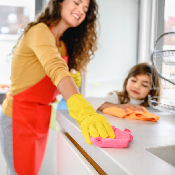 istock Mother and daughter cleaning kitchen counter 1282818497