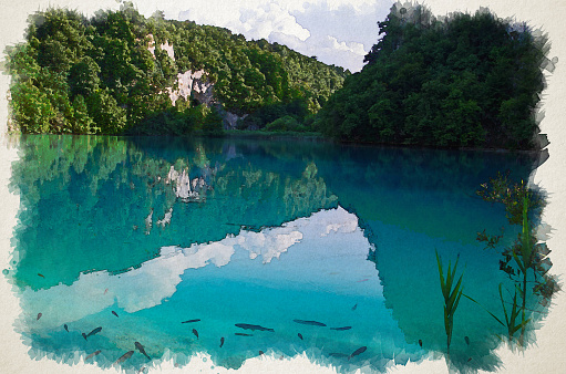 Watercolor drawing of Beautiful view of lake with fish in clear turquoise water, green plants trees and mountains rocks in the background, National park Plitvice Lakes, Croatia, Europe