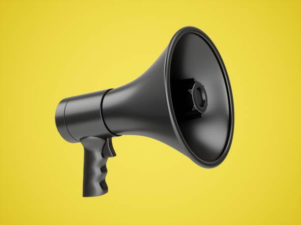 3D Rendering Black Megaphone isolated on Yellow background 3D Rendering Black Megaphone isolated on yellow background. announce stock pictures, royalty-free photos & images